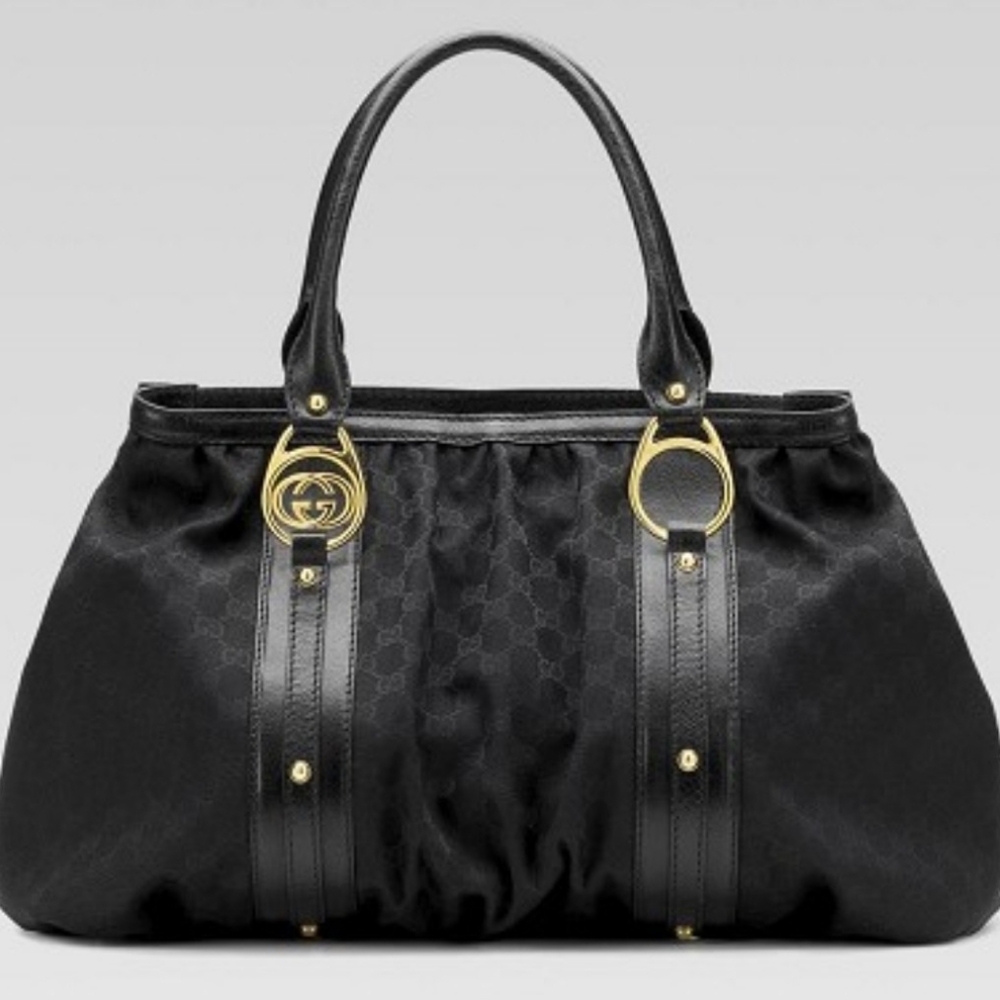Authentic NWOT Gucci Black GG Logo Monogram Canvas Leather Bag Italy XL